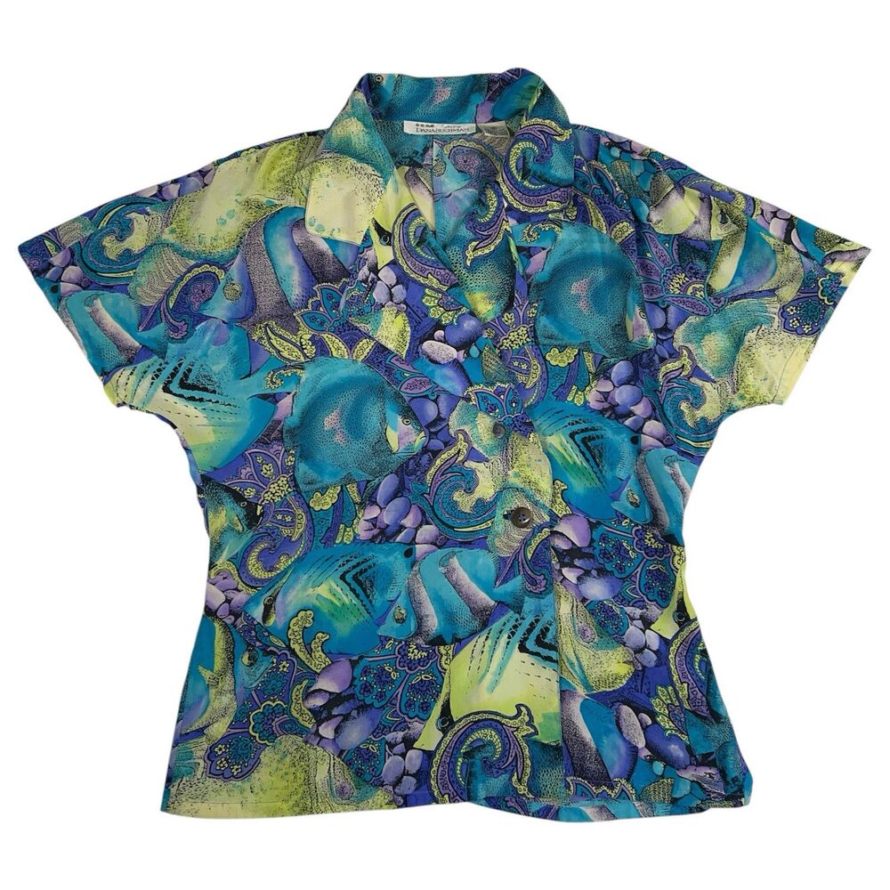 Vintage Silk Top Women's Sz 8 Tropical Ocean Fish Floral Paisley MISSING BUTTONS
